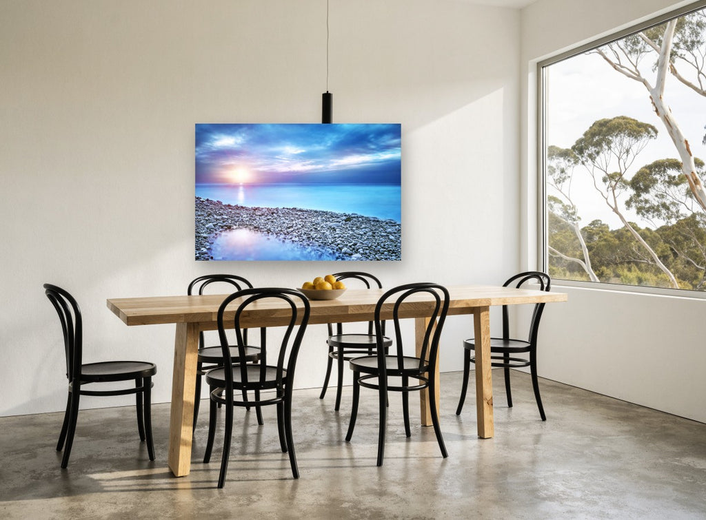 Pebble Shore Dusk coastal canvas print on the wall of a dining room
