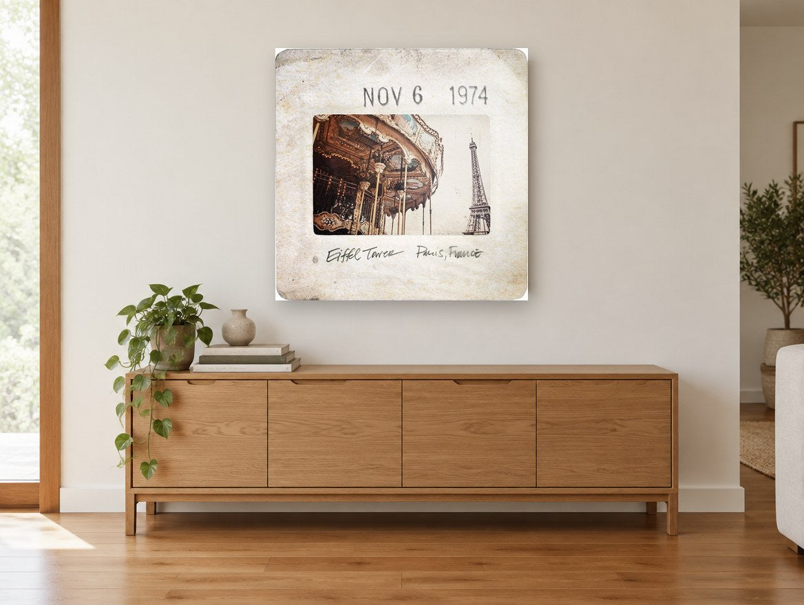 Paris Carousel Slide city canvas print on the wall of a living room above a sideboard
