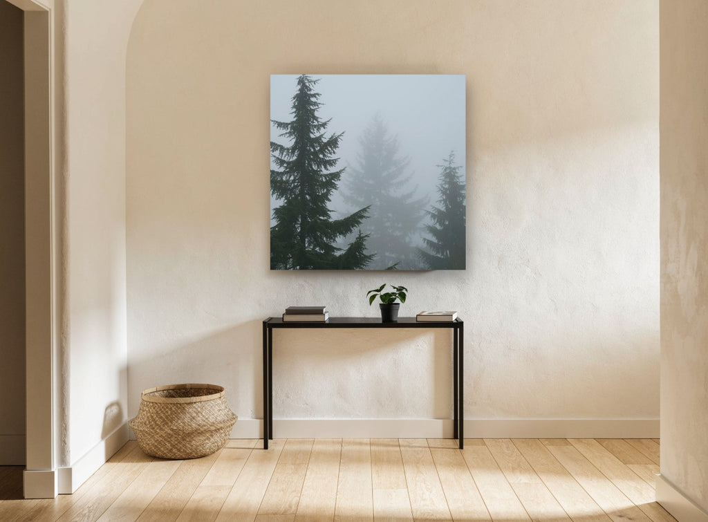 Fog Between Firs landscape canvas print on the wall of a hallway