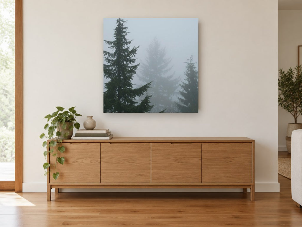 Fog Between Firs landscape canvas print on the wall of a living room above a sideboard