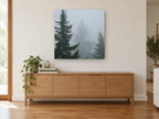 Fog Between Firs landscape canvas print on the wall of a living room above a sideboard