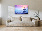 Pink Dawn Pines landscape canvas print on the wall of a living room