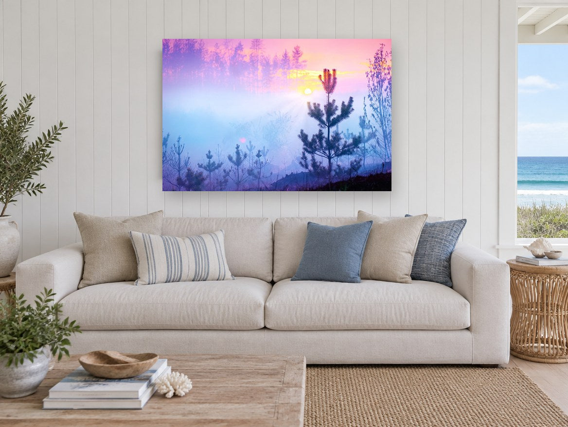 Pink Dawn Pines landscape canvas print on the wall of a beach house living room