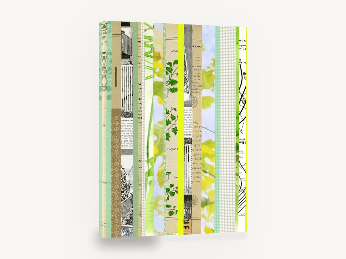 Garden Paper Strips, green botanical collage vertical strips, floral canvas wall art print ready to hang