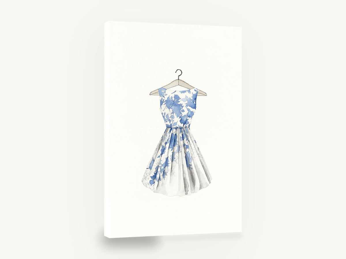 Blue Leaf Party Dress, blue floral dress watercolour fashion, floral canvas wall art print ready to hang