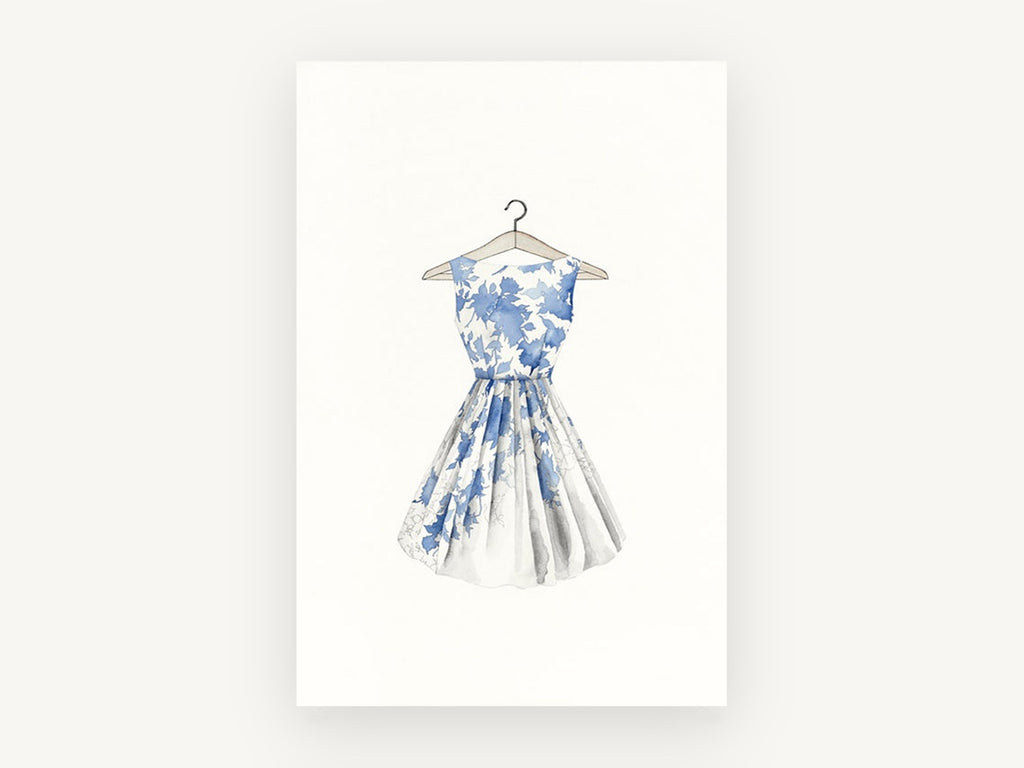 Blue Leaf Party Dress, floral canvas wall art print, front view