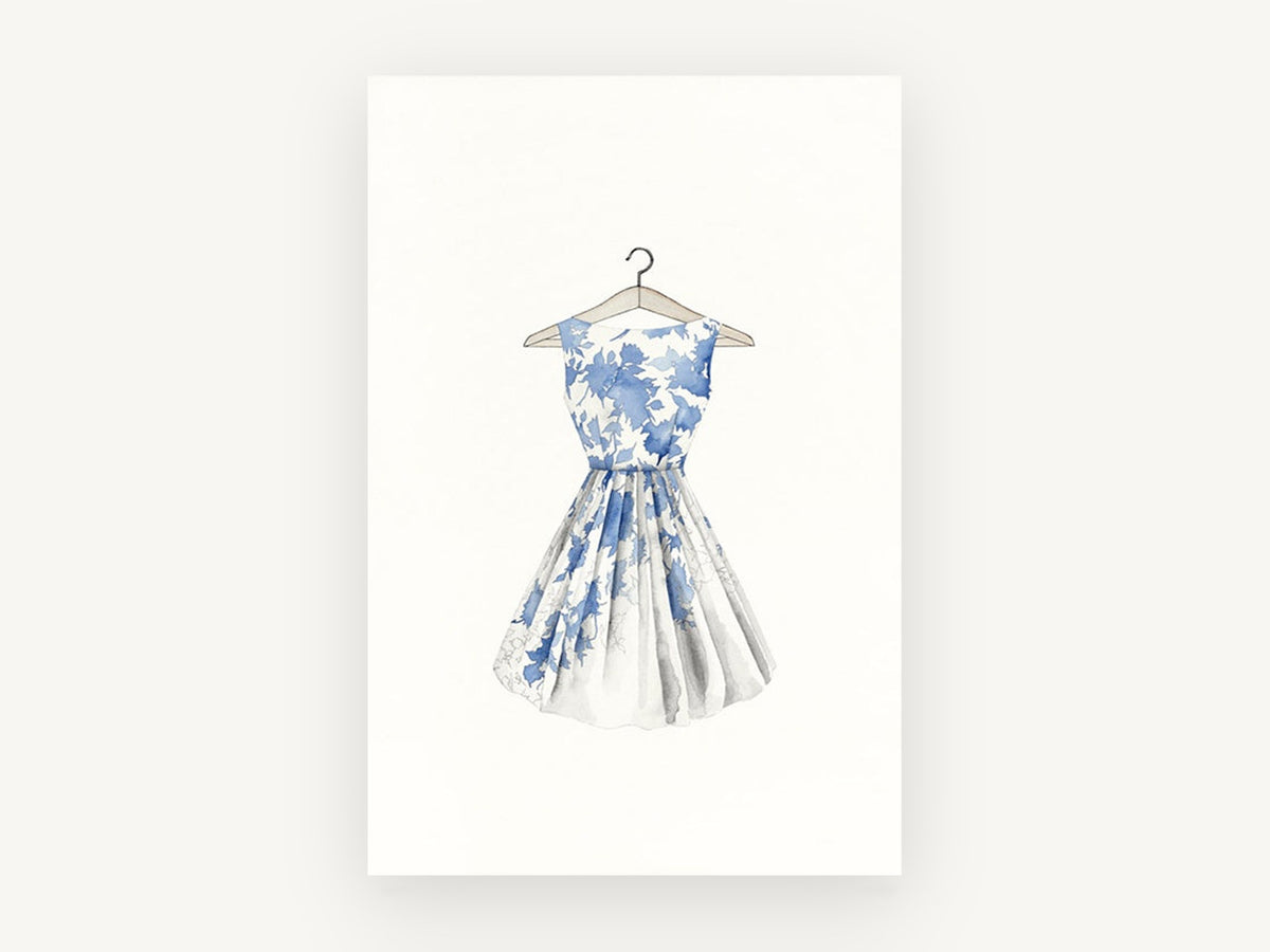 Blue Leaf Party Dress, floral canvas wall art print, front view