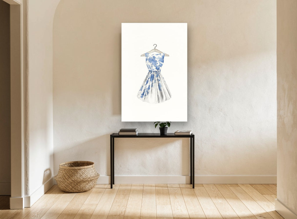 Blue Leaf Party Dress floral canvas print on the wall of a hallway