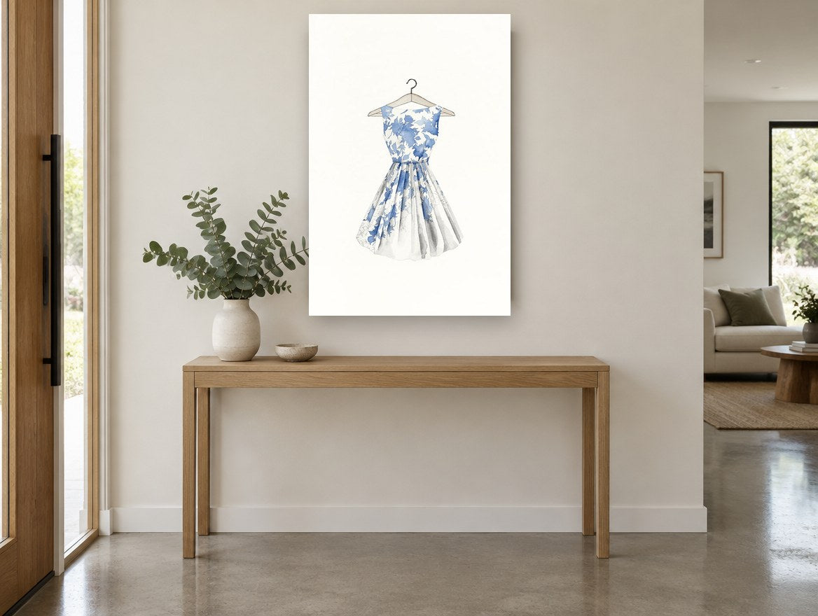 Blue Leaf Party Dress floral canvas print on the wall of a entry hall