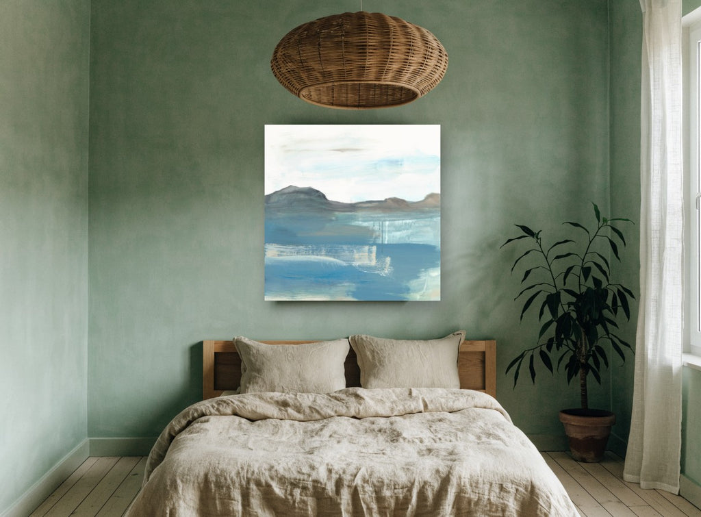 Misty Headland Shore coastal canvas print on the wall of a bedroom