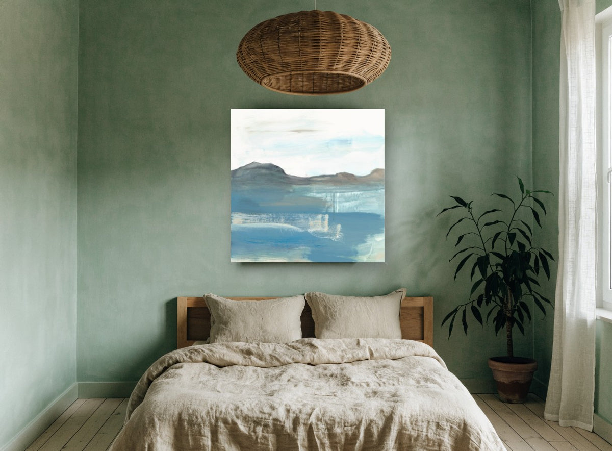 Misty Headland Shore coastal canvas print on the wall of a bedroom