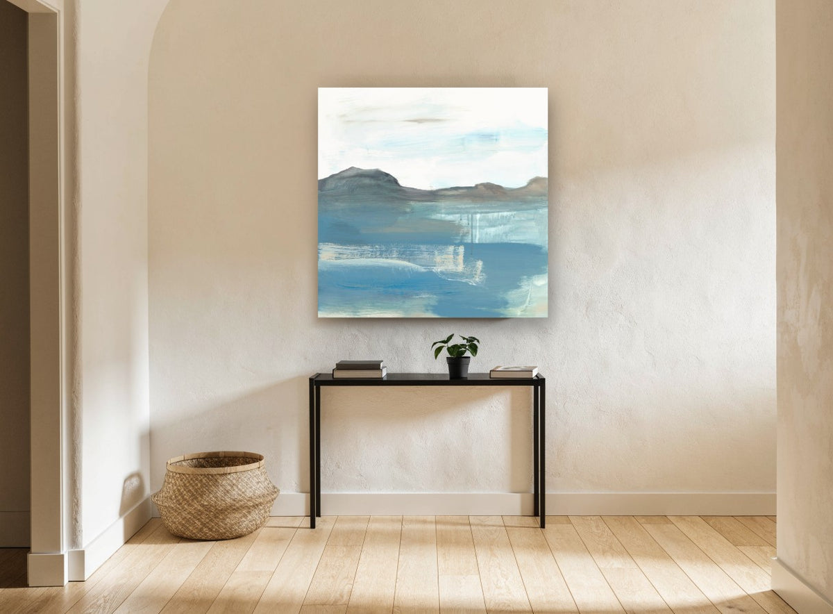Misty Headland Shore coastal canvas print on the wall of a hallway