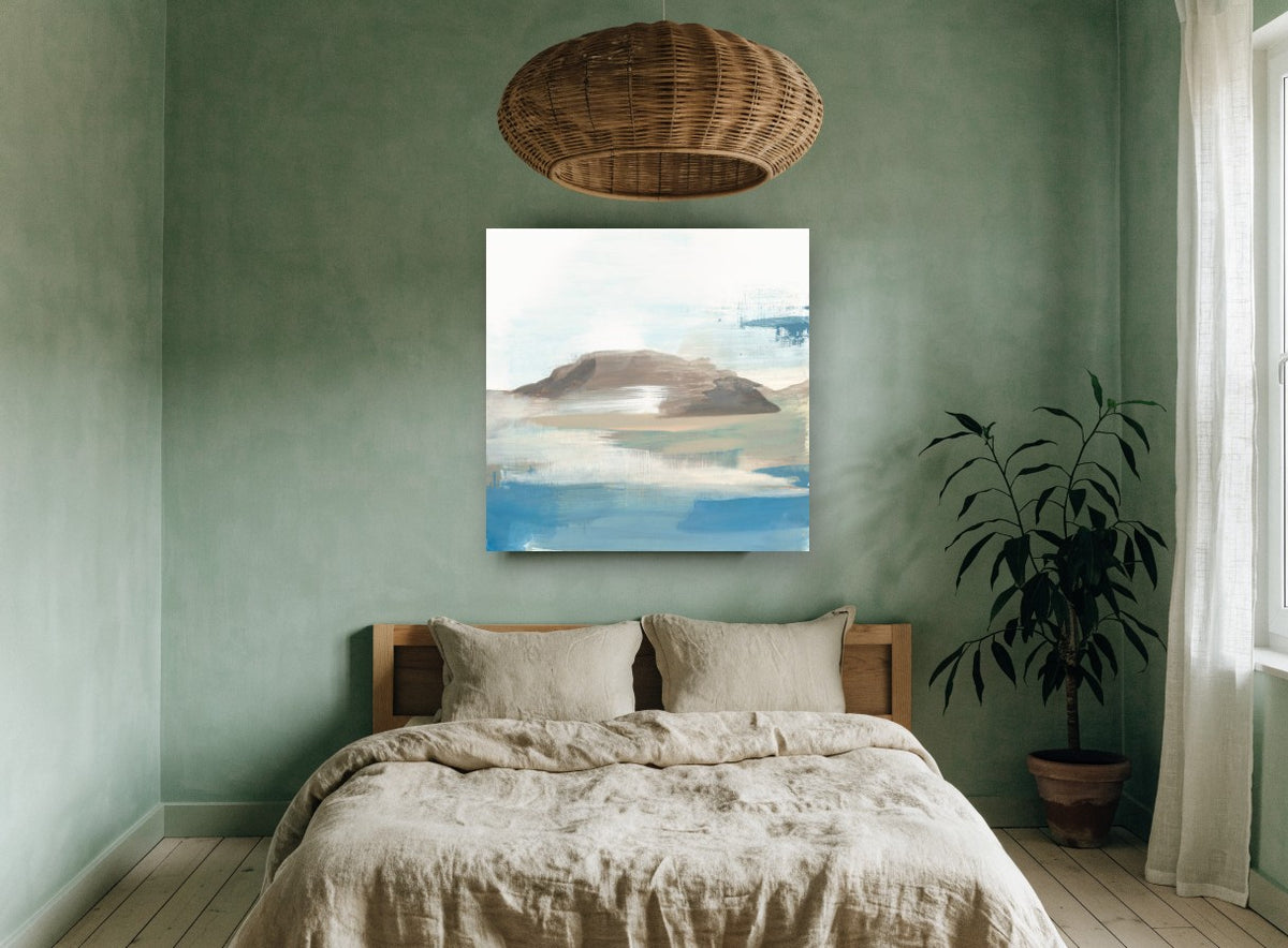 Misty Headland Haze coastal canvas print on the wall of a bedroom