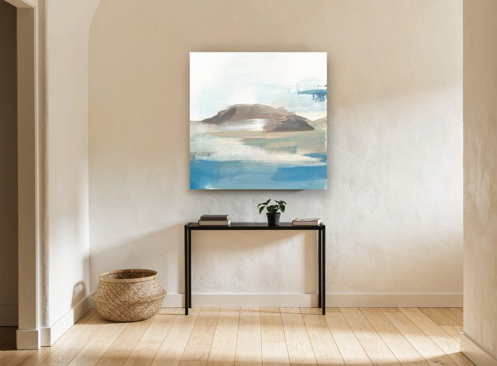 Misty Headland Haze coastal canvas print on the wall of a hallway