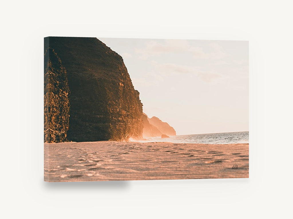 Golden Cliff Shore, golden sunset cliff beach photograph, coastal canvas wall art print ready to hang