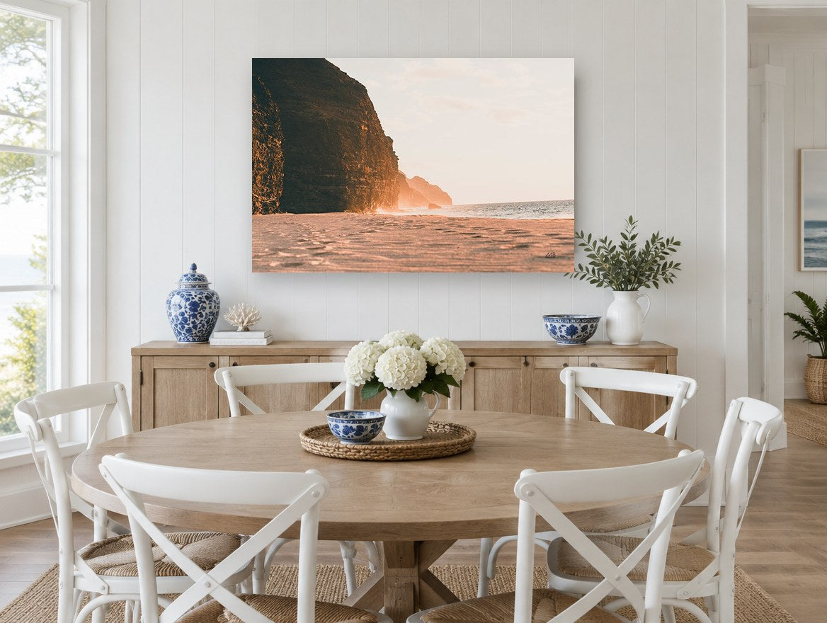 Golden Cliff Shore coastal canvas print on the wall of a Hamptons dining room