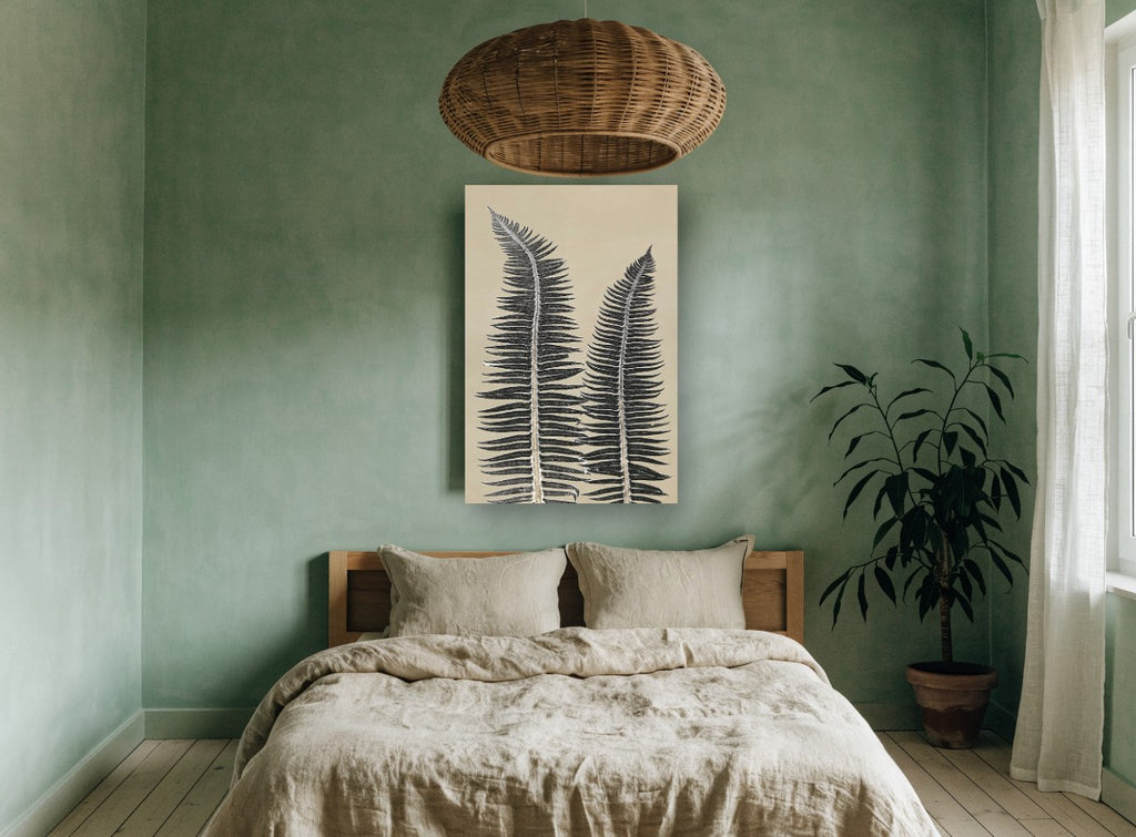 Twin Fern Fronds floral canvas print on the wall of a bedroom