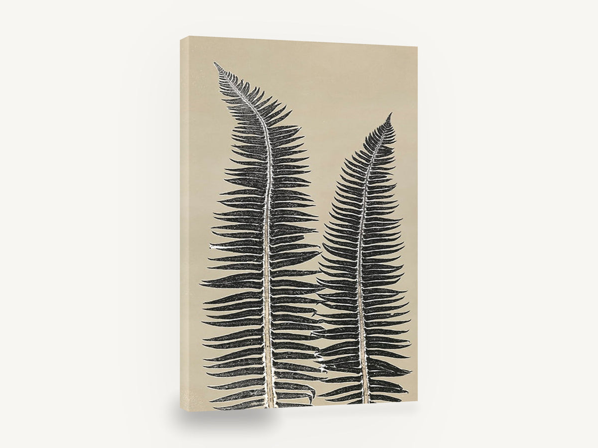 Twin Fern Fronds, black fern fronds botanical, floral canvas wall art print ready to hang
