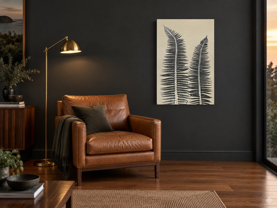 Twin Fern Fronds floral canvas print on the wall of a charcoal living room