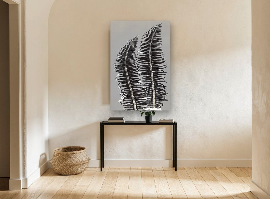 Twin Fern Silhouettes floral canvas print on the wall of a hallway