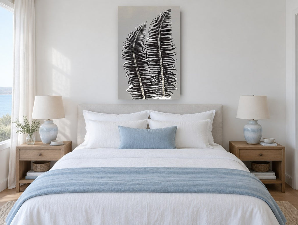 Twin Fern Silhouettes floral canvas print on the wall of a coastal bedroom