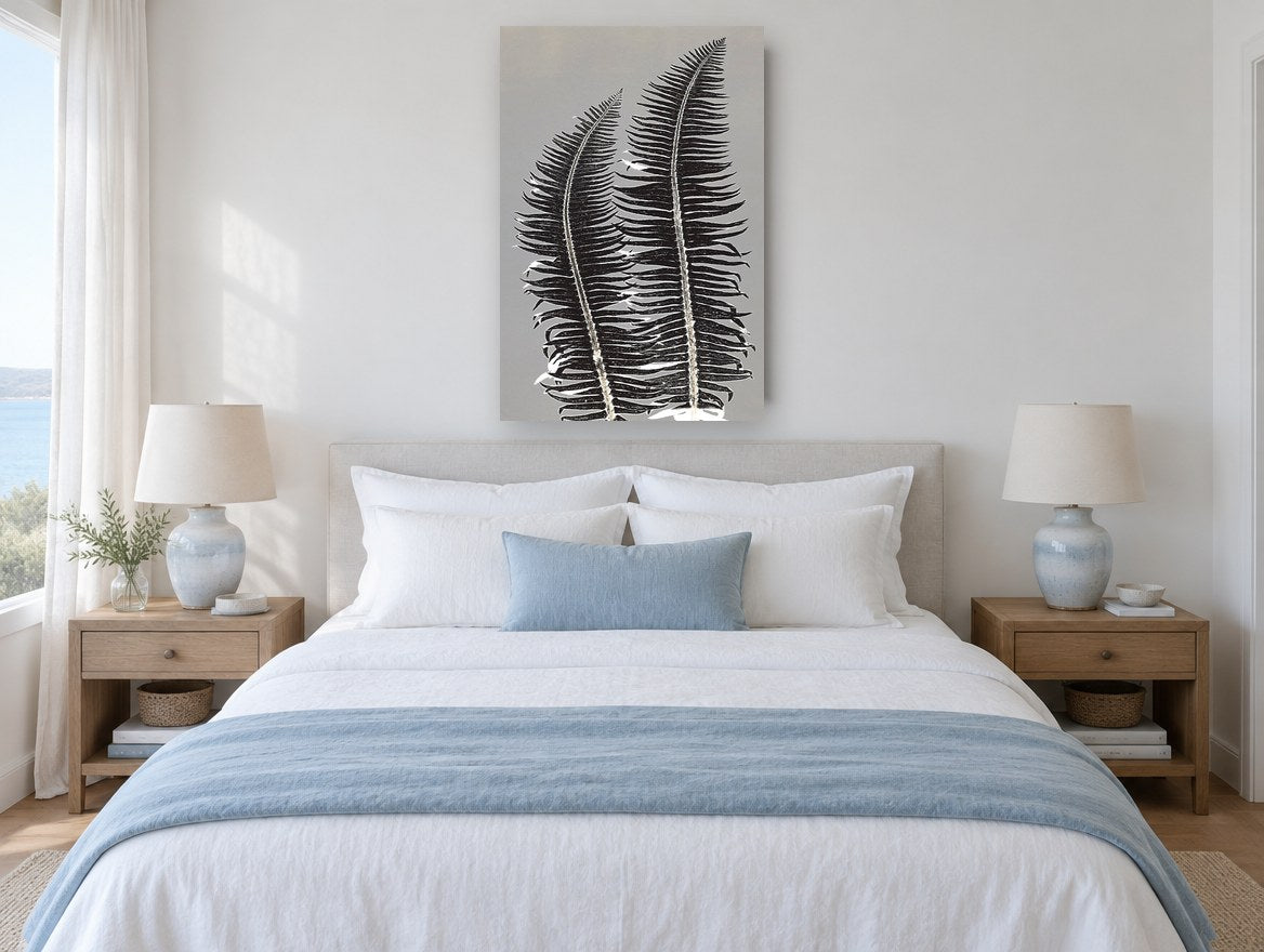 Twin Fern Silhouettes floral canvas print on the wall of a coastal bedroom