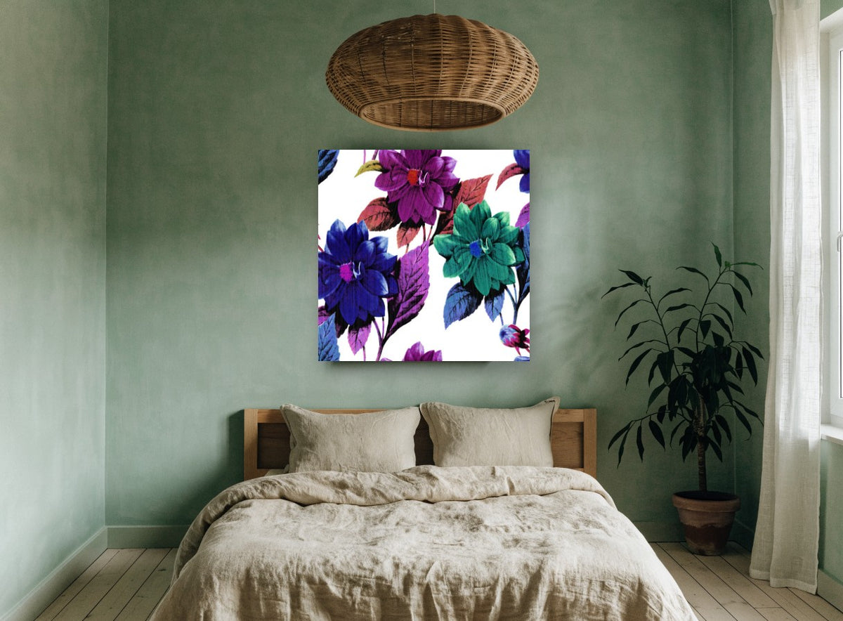 Jewel Tone Dahlias floral canvas print on the wall of a bedroom