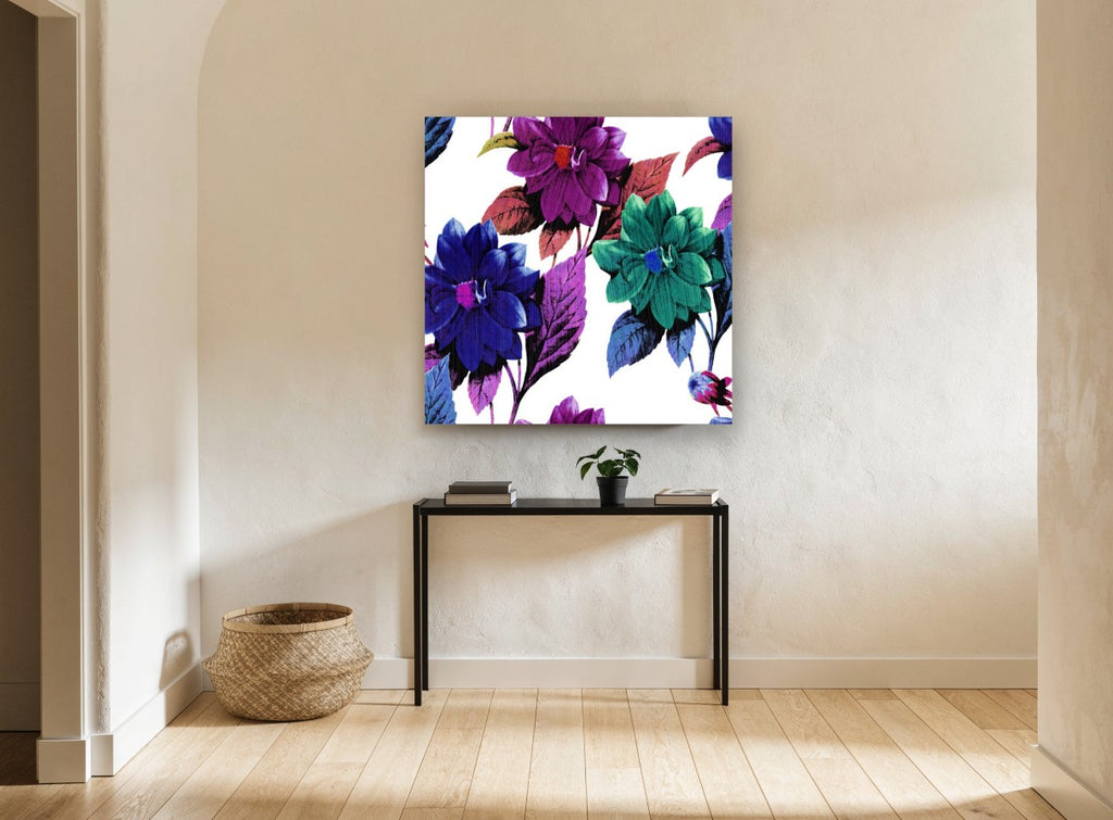 Jewel Tone Dahlias floral canvas print on the wall of a hallway
