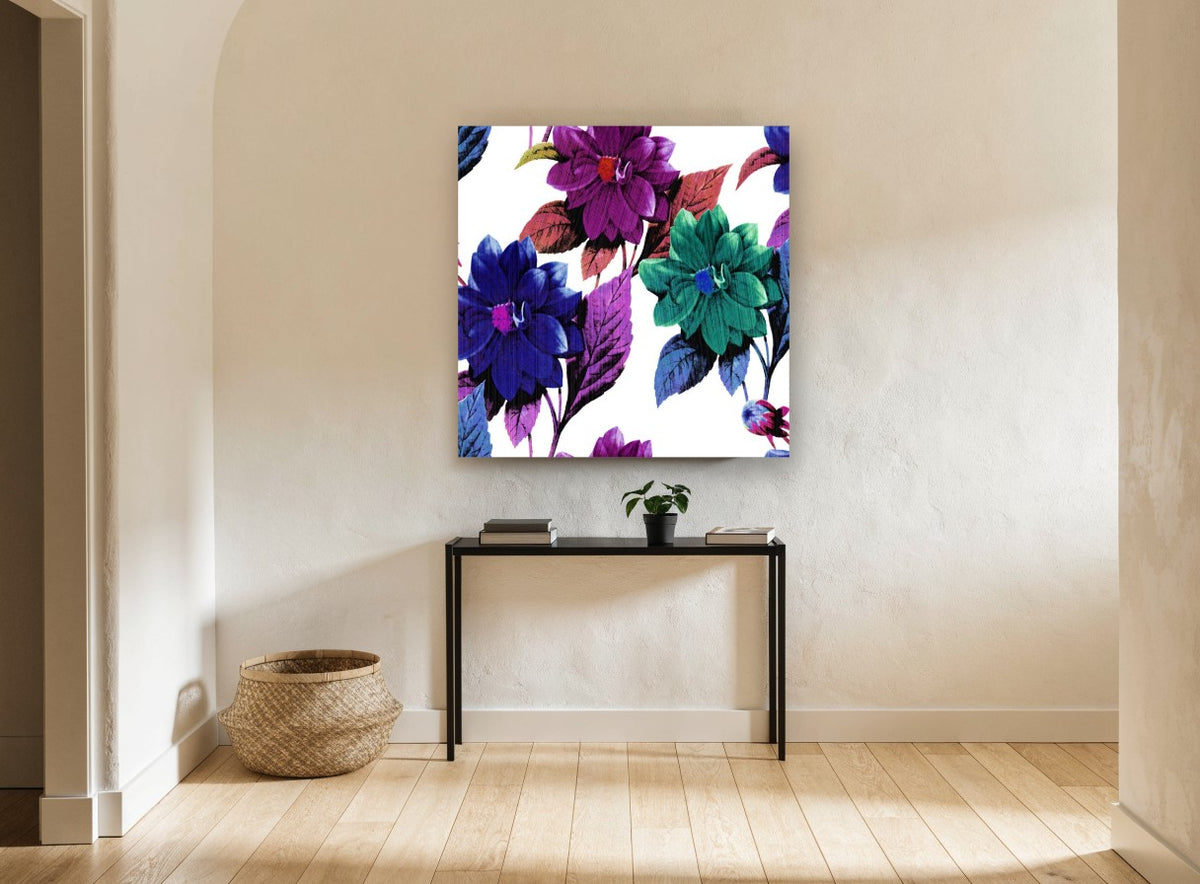 Jewel Tone Dahlias floral canvas print on the wall of a hallway