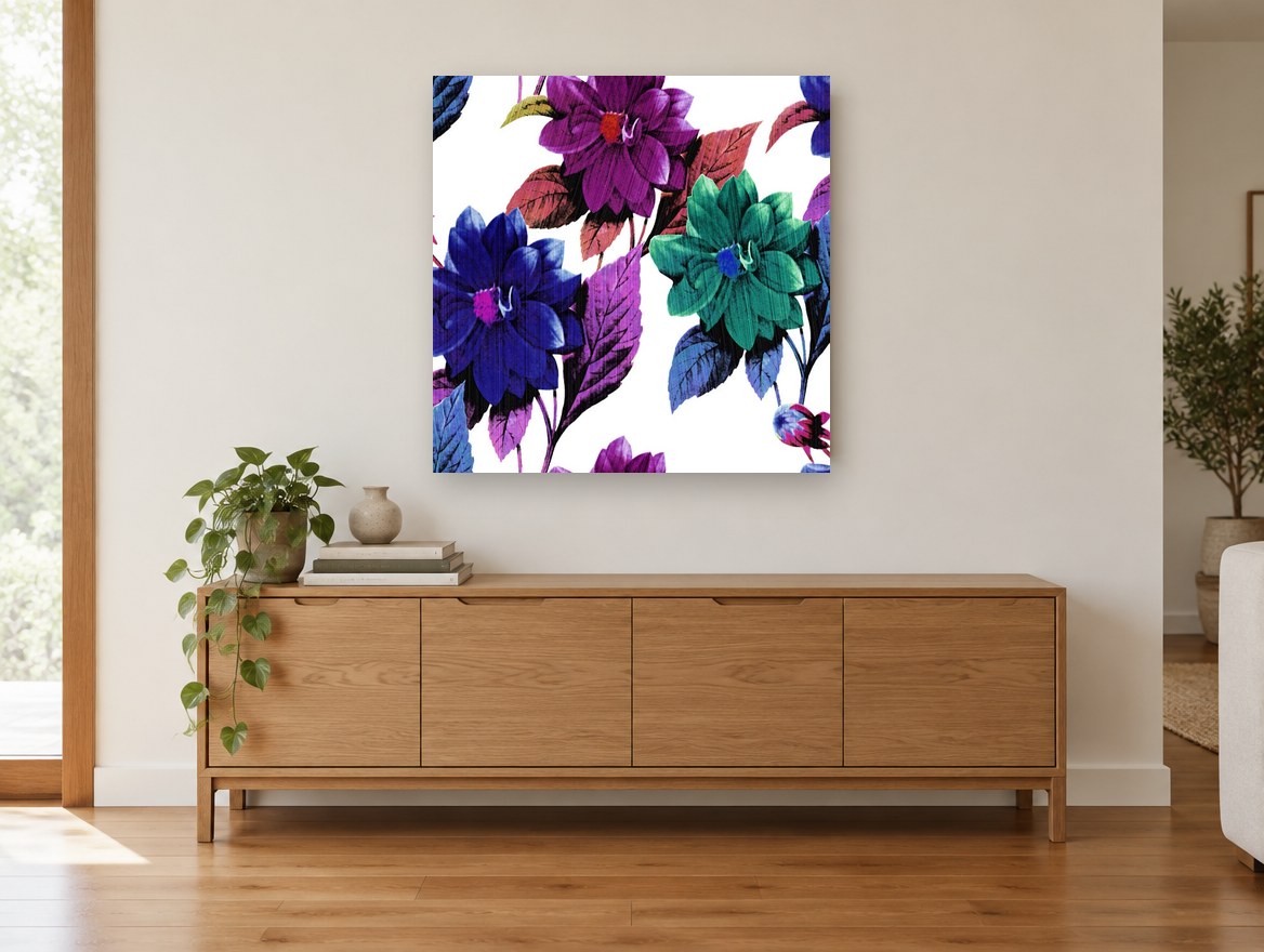 Jewel Tone Dahlias floral canvas print on the wall of a living room above a sideboard