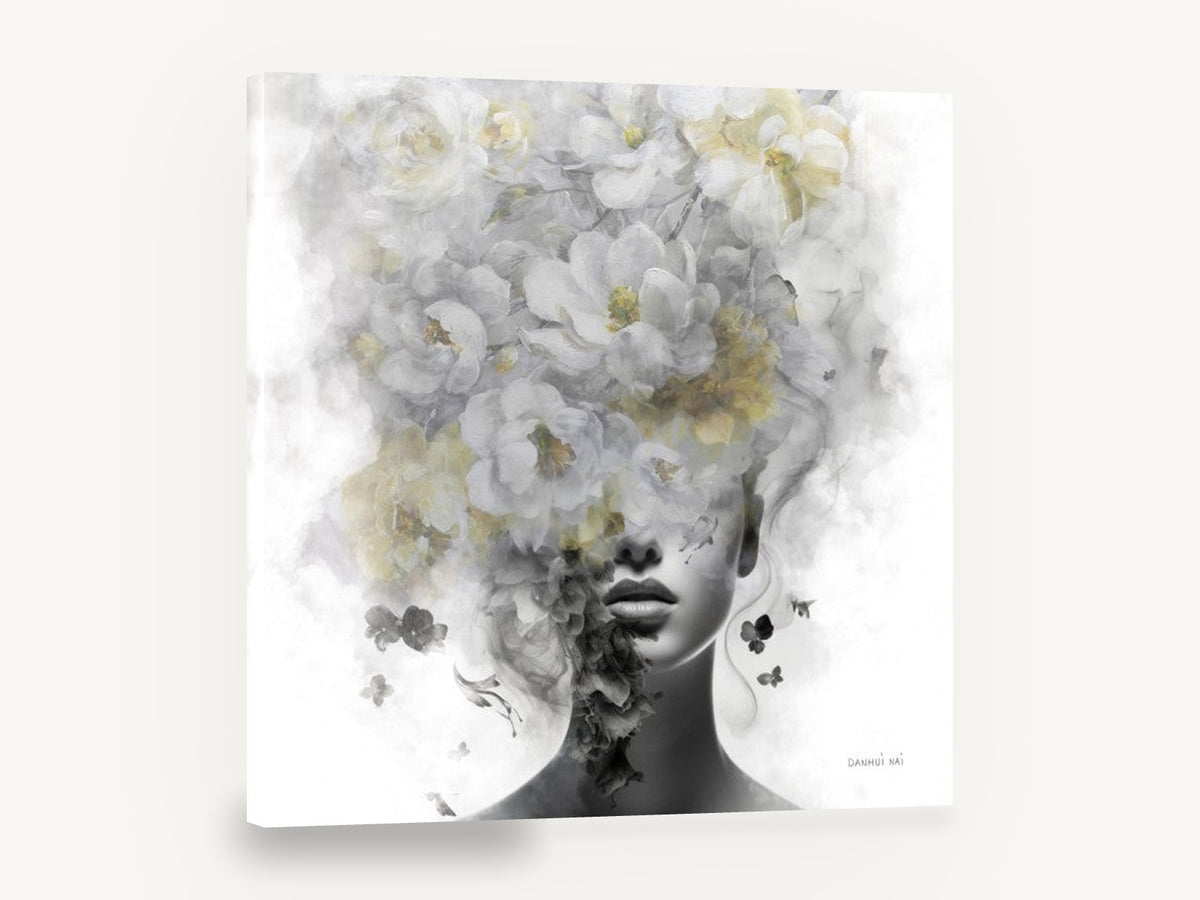 Blossom Veil Portrait, woman portrait white flowers black and white, floral canvas wall art print ready to hang