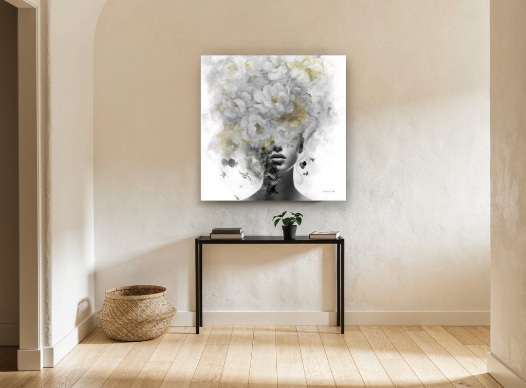 Blossom Veil Portrait floral canvas print on the wall of a hallway