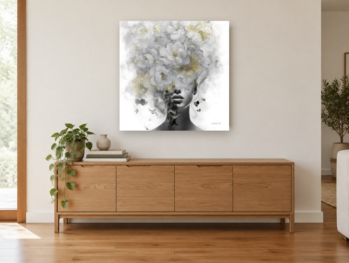 Blossom Veil Portrait floral canvas print on the wall of a living room above a sideboard