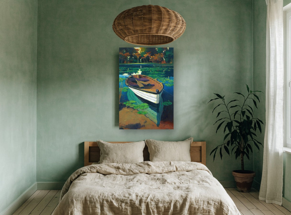 Rowboat Among Lily Pads landscape canvas print on the wall of a bedroom
