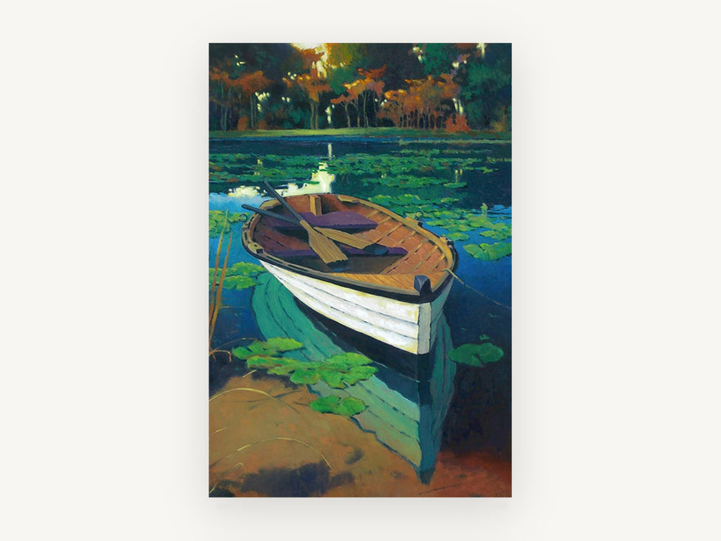 Rowboat Among Lily Pads, rowboat on lily pad lake painting, landscape canvas wall art print, front view