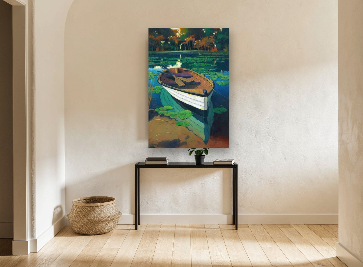 Rowboat Among Lily Pads landscape canvas print on the wall of a hallway