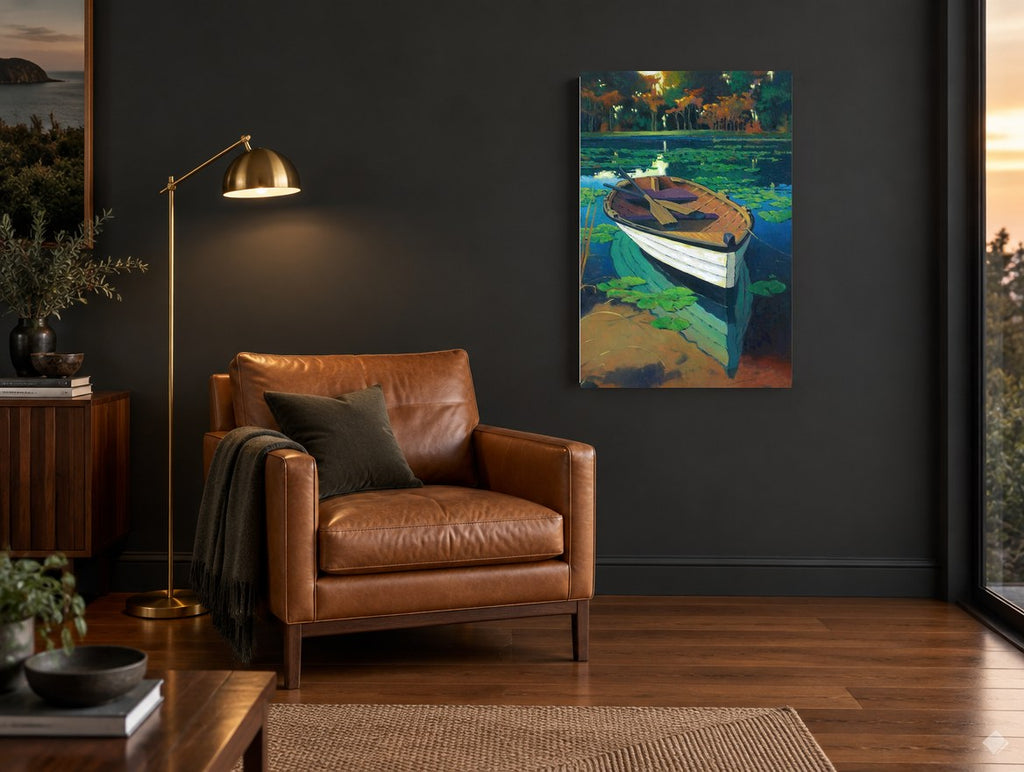 Rowboat Among Lily Pads landscape canvas print on the wall of a charcoal living room