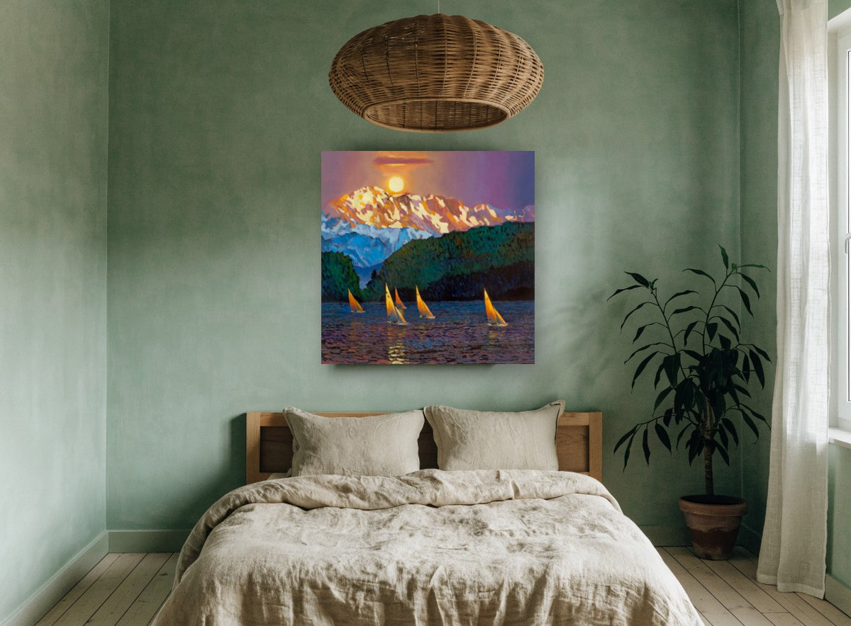 Sailboats Beneath Alpenglow landscape canvas print on the wall of a bedroom