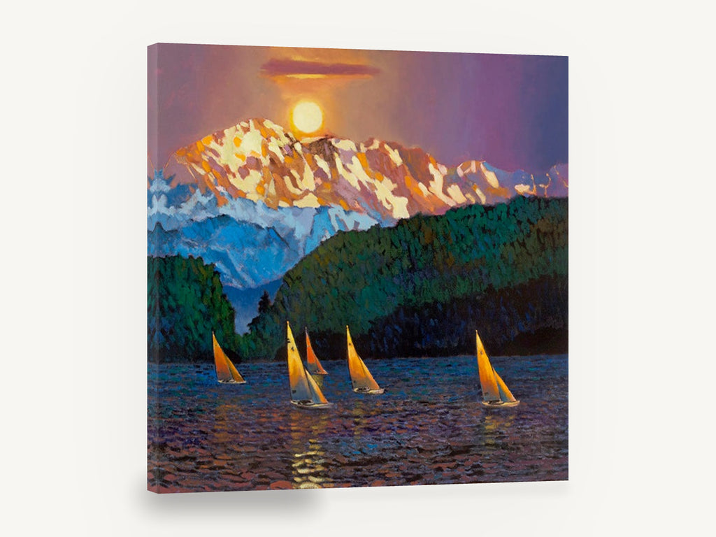 Sailboats Beneath Alpenglow, sailboats mountain lake sunset painting, landscape canvas wall art print ready to hang