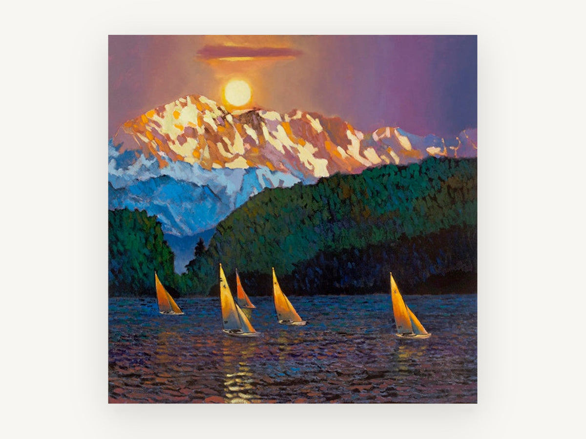 Sailboats Beneath Alpenglow, sailboats mountain lake sunset painting, landscape canvas wall art print, front view