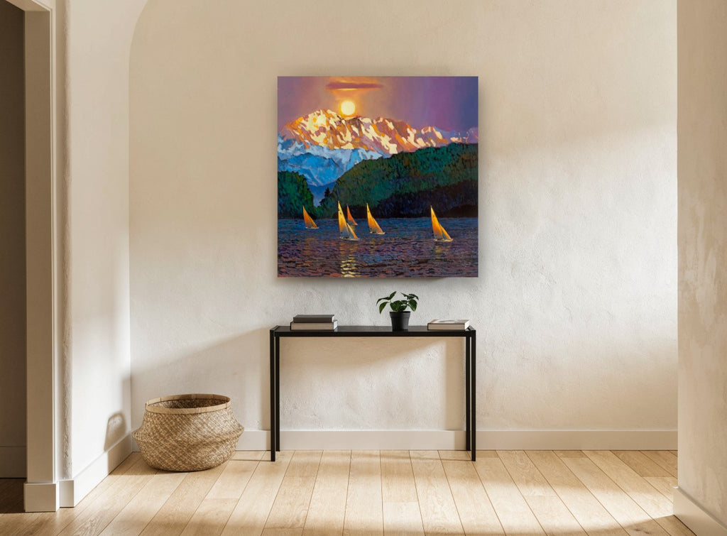 Sailboats Beneath Alpenglow landscape canvas print on the wall of a hallway