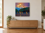 Sailboats Beneath Alpenglow landscape canvas print on the wall of a living room above a sideboard