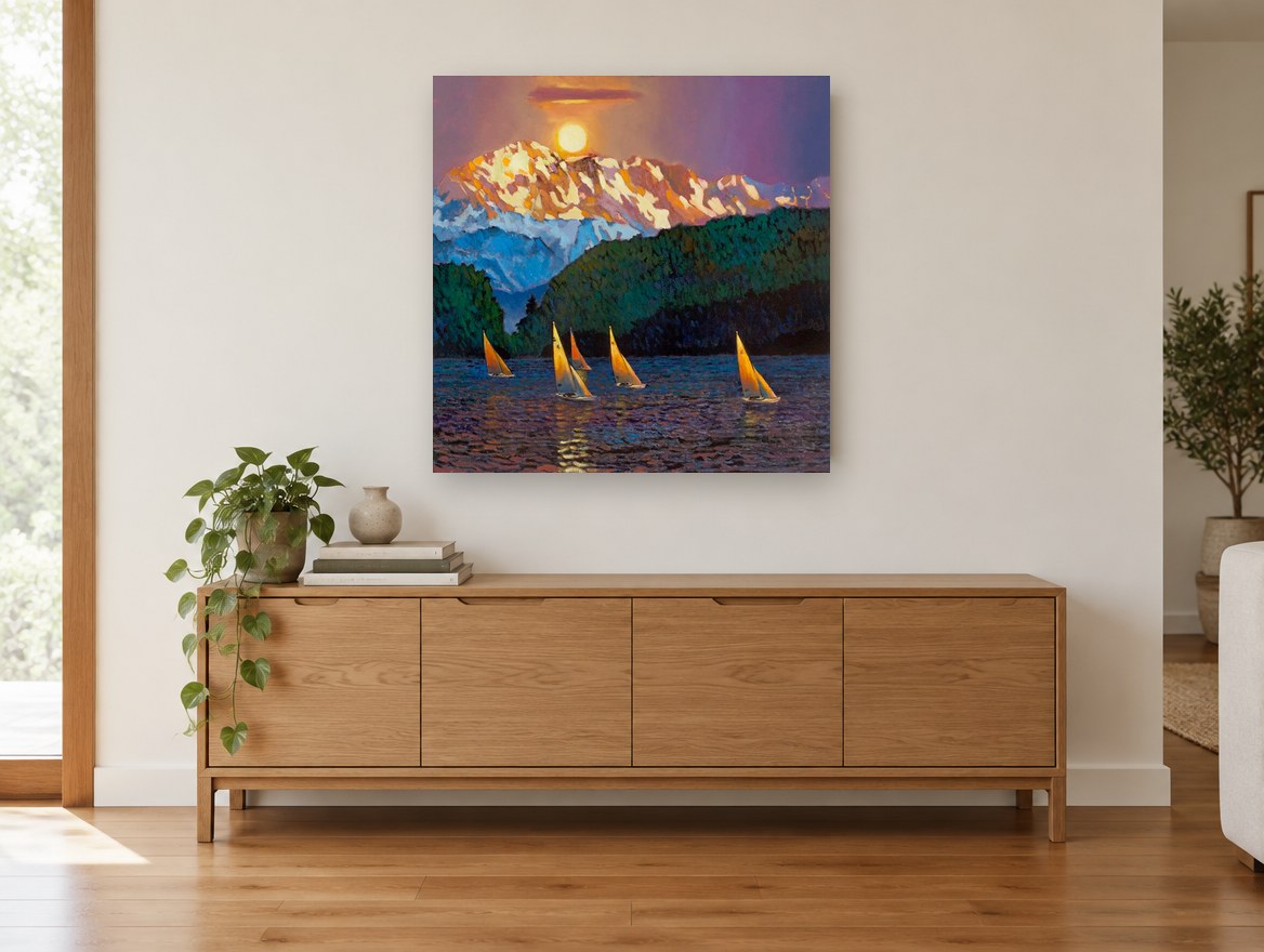 Sailboats Beneath Alpenglow landscape canvas print on the wall of a living room above a sideboard