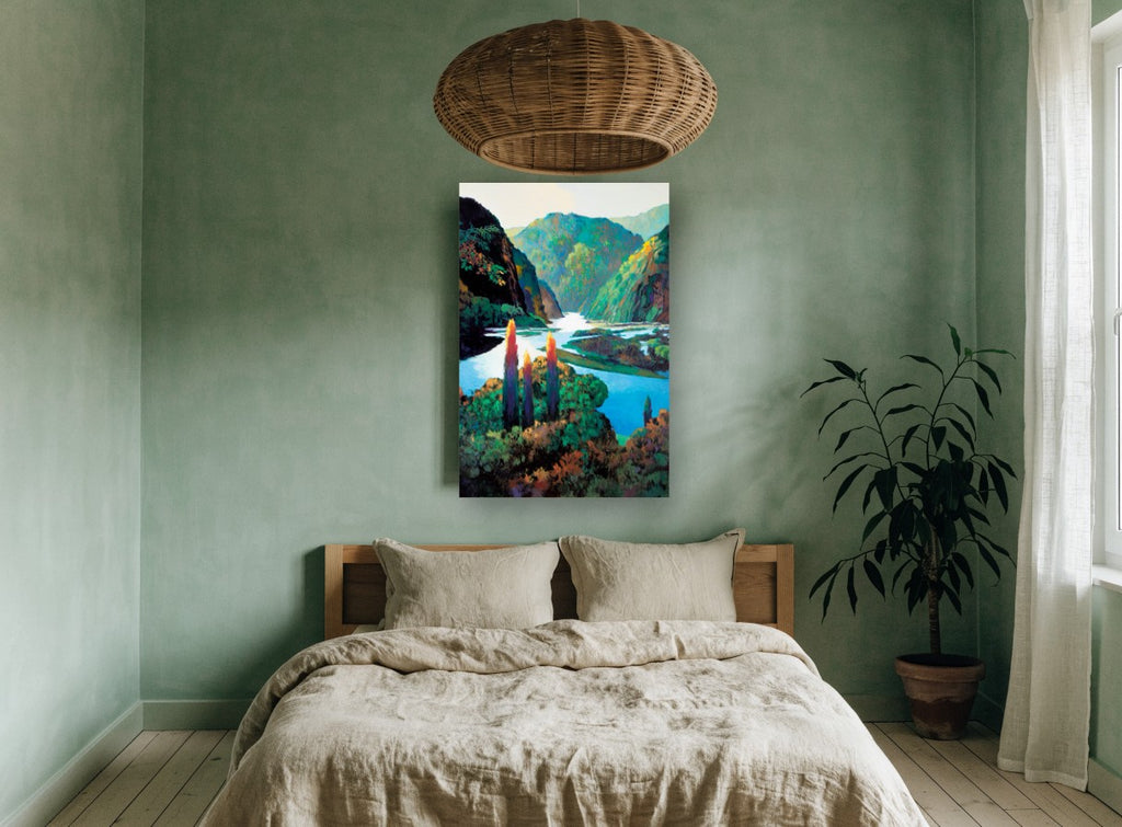 Bright River Gorge landscape canvas print on the wall of a bedroom