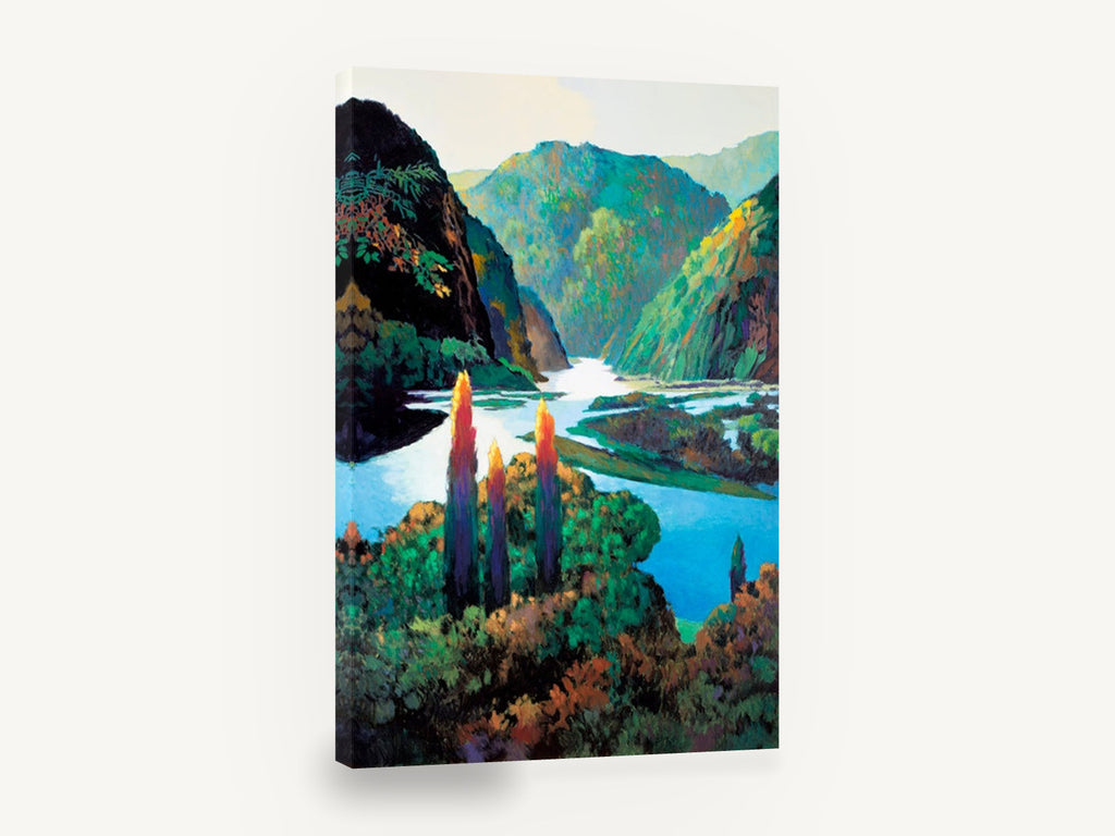 Bright River Gorge, colourful river valley painting style landscape, landscape canvas wall art print ready to hang