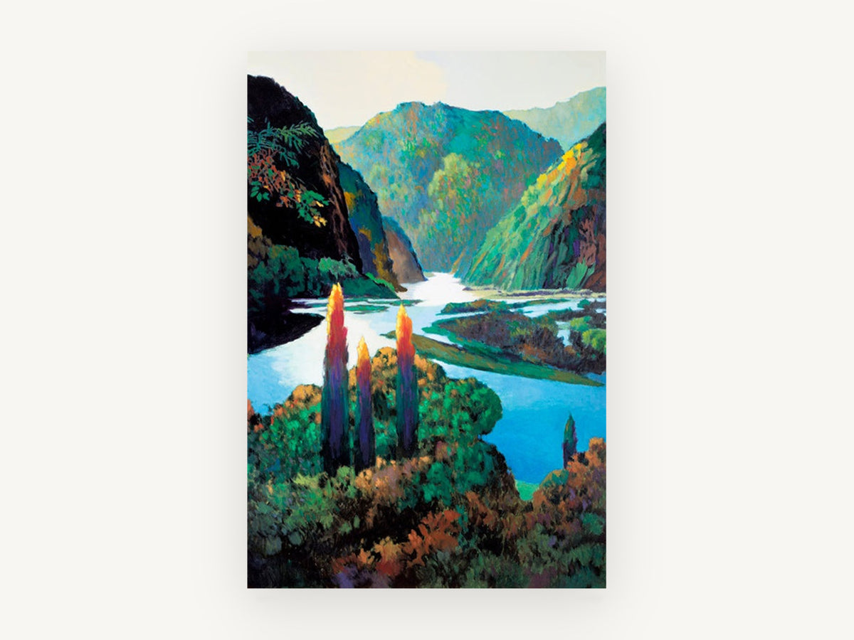 Bright River Gorge, colourful river valley painting style landscape, landscape canvas wall art print, front view