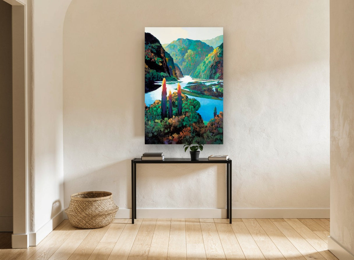 Bright River Gorge landscape canvas print on the wall of a hallway