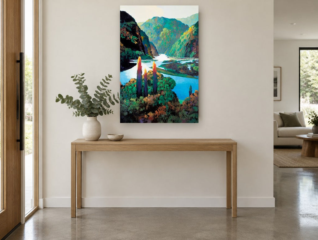 Bright River Gorge landscape canvas print on the wall of a entry hall