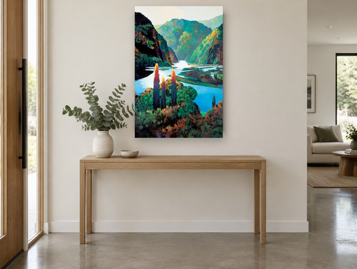 Bright River Gorge landscape canvas print on the wall of a entry hall