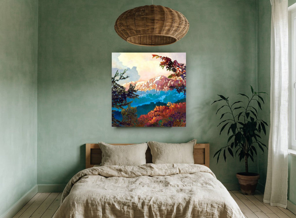 Alpenglow Through Branches landscape canvas print on the wall of a bedroom